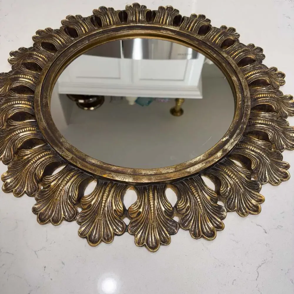 Vintage Ornate Gold Sunburst Wall Mirror Hollywood Regency Acanthus Leaf 21”
